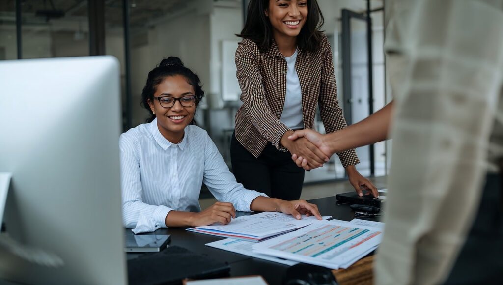 business, office, collaboration, teamwork, meeting, handshake, agreement, success, professional, women, diversity, inclusion, corporate, workplace, partnership, deal, negotiation, strategy, planning, analysis, documents, computer, desk, modern, ai generated
